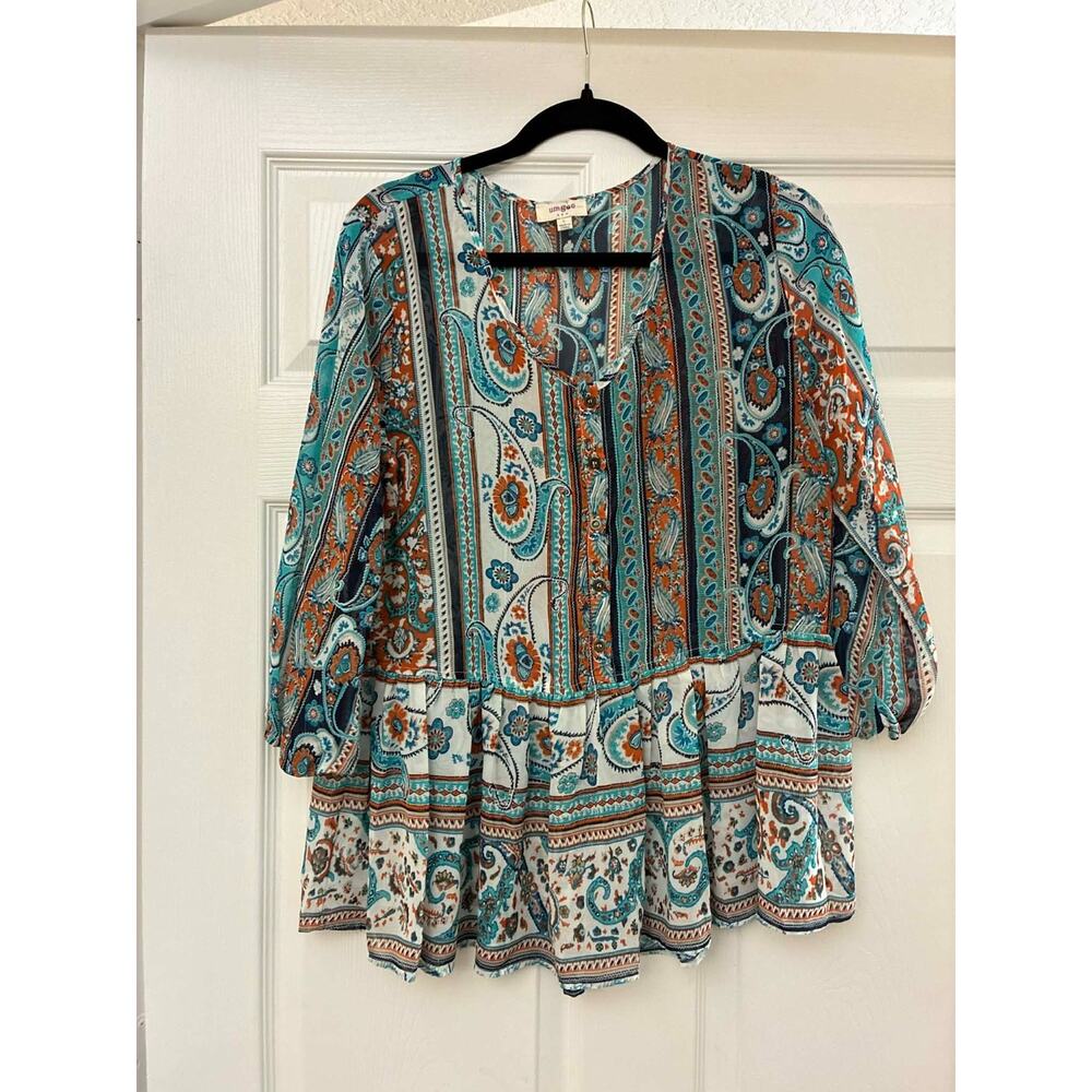 Umgee USA L Boho Paisley Peplum Blouse 3/4 Sleeve Tunic Top‎